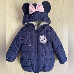 Disney Girl's Navy Minnie Mouse Print Hooded Puffer Jacket with Ears and Bow 3T